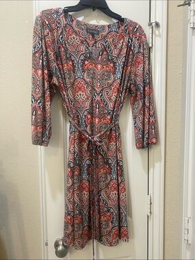 Coral Paisley Dress with Tie Waist